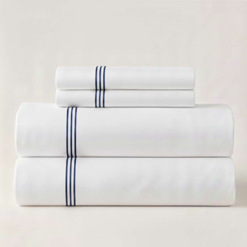 500TC Cotton Triple Embroidery Sateen Solid Cotton 4 Piece Sheet Set Fitted Sheet Fits Upto 16" Deep Pocket, Navy Blue Border