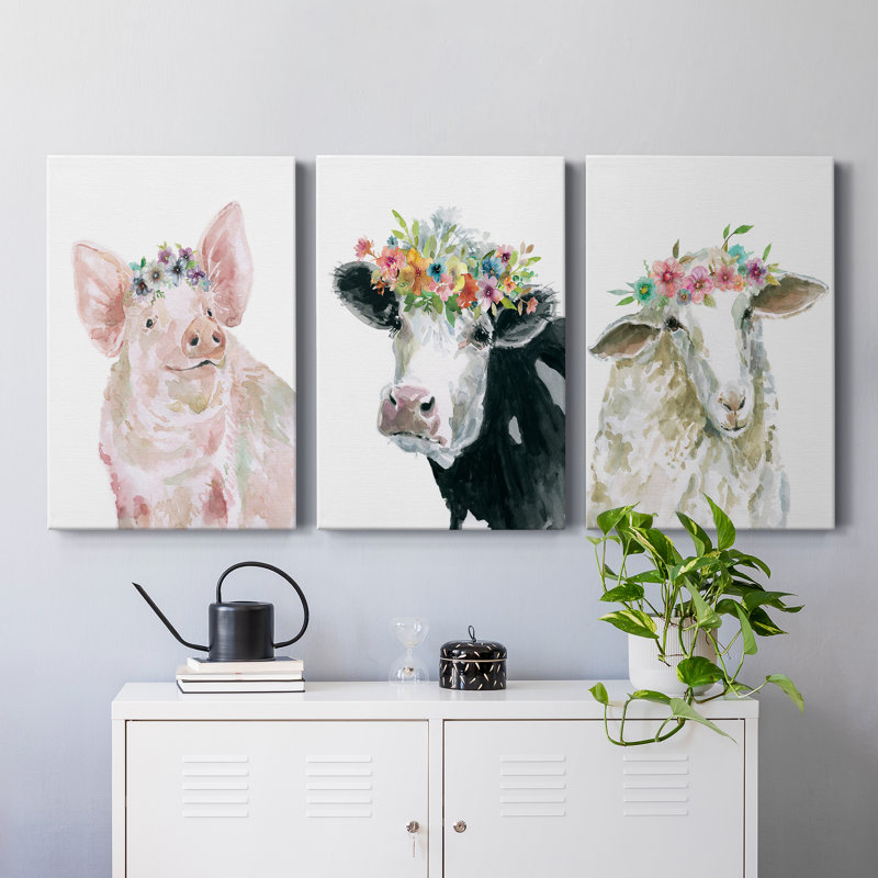 Flower Crown Sheep - ensemble de 3 reproductions d'art sur toiles tendues, H 18 po x l 36 po x P 1 po