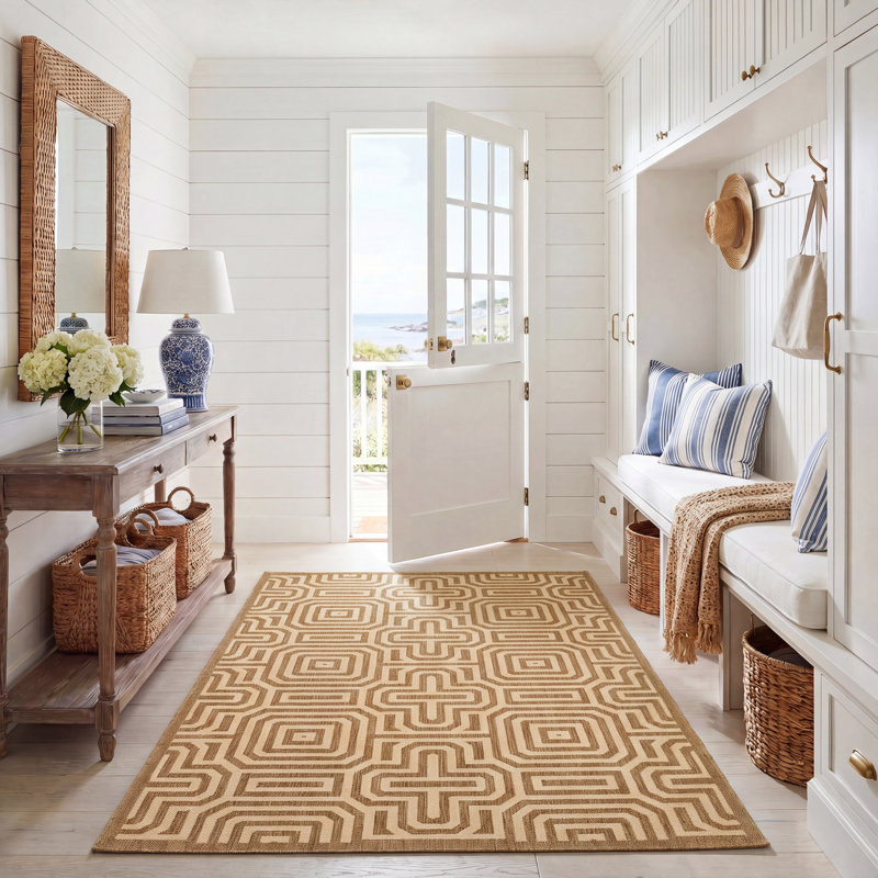 Tapis d'intérieur / extérieur à motif géométrique brun / naturel Arneshia, Rectangle 5 pi 3 po x 7 pi 7 po