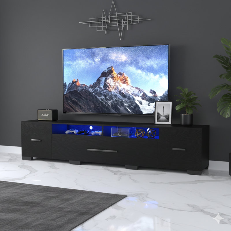 Console de divertissement noire moderne avec armoires de rangement, avec une bande lumineuse à DEL RVB complète avec 31 modes, contrôlable par télécommande ou par application. Comprend la gestion de l'alimentation intégrée et est conçu pour les téléviseurs de jusqu'à 80 pouces.
