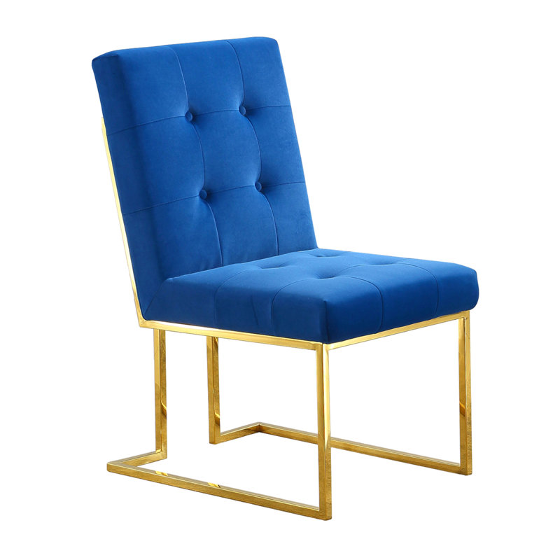Ensemble de 2 chaises de salle à manger Modern Velvet, conception capitonnée et base en acier inoxydable, Blue