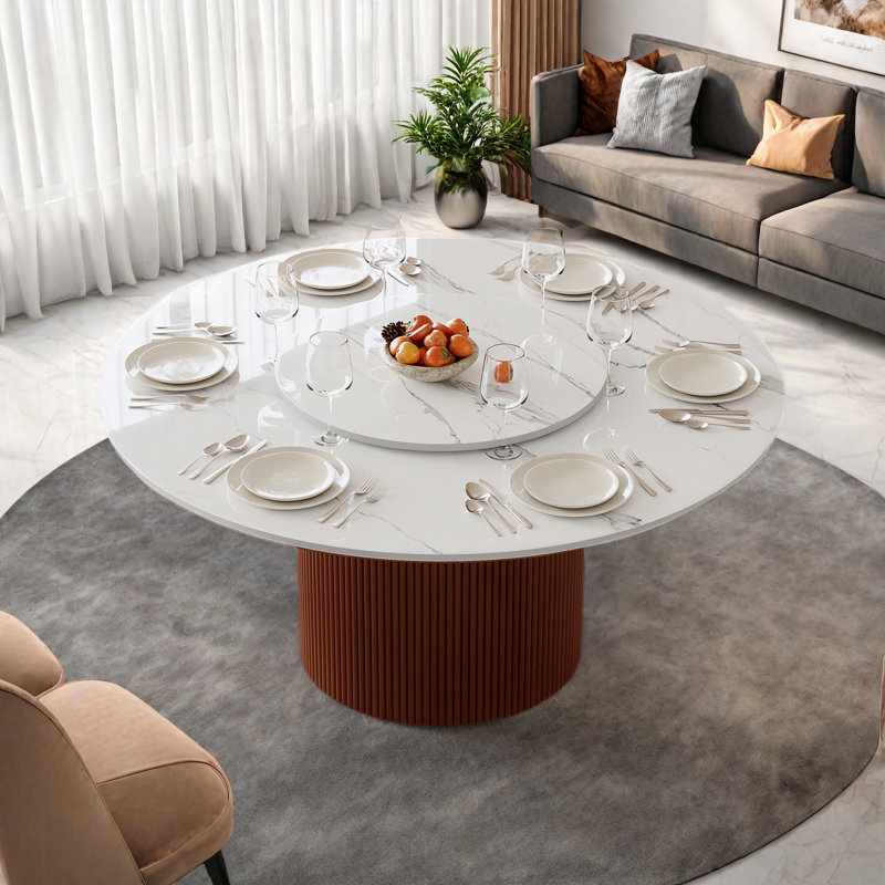 Table de salle à manger moderne 59,07 po, table de salle à manger de cuisine avec plateau en pierre frittée, plateau tournant rond de 31,6 po, pieds cylindriques à rayures verticales