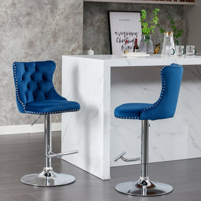 Adjustable 25 - 33 Inch Height Blue Velvet Swivel , With Comfortable Back For Home And Kitchen Island Of 2 Seat Pub