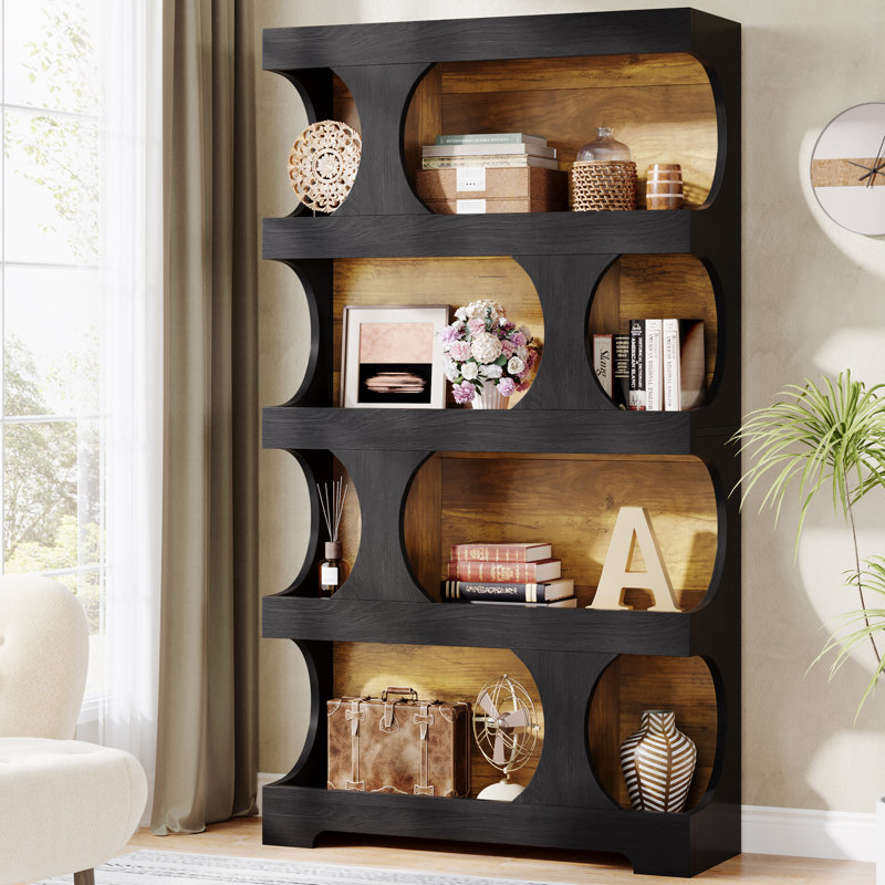 71" Tall Bookcase, 4-Tier S-Shaped Bookshelf, Black/Light Brown