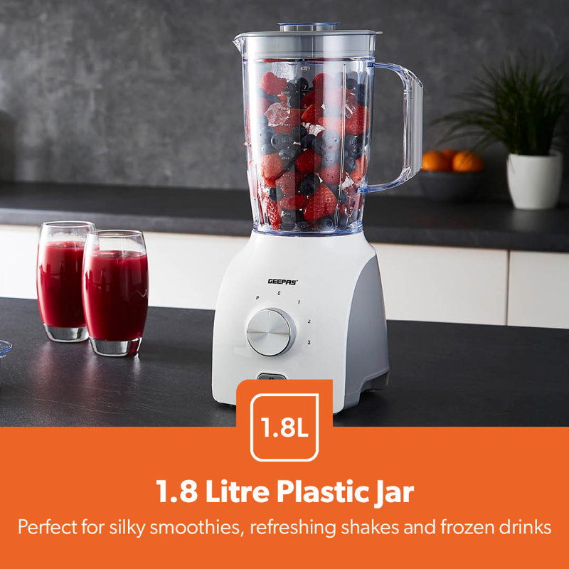 GEEPAS 2-in-1 Food Jug Blender | 1.8L Juice Jar & 60G Mini Coffee Spice Mill | 6-Leaf Stainless-Steel Blades 3 Speed & Pulse Smoothie Maker Turbo Button for Ice Crushing Overheat Protection 600W