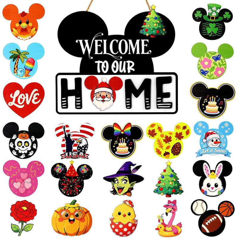 8.66" Mouse Interchangeable Welcome Sign, 22PCS Icons All Season Halloween Christmas Home Decor