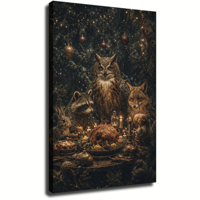 Whimsical Forest Animals Owl Fox Raccoon Enjoying Christmas Feast In Snowy Woodland Canvas Wall Art