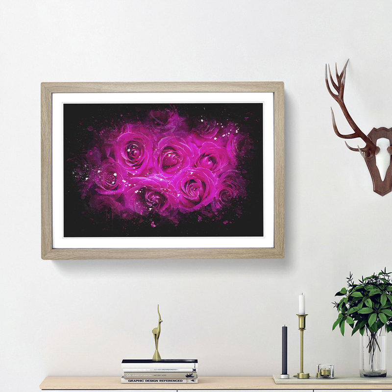 Wall of Bright Pink Roses - Picture Frame Graphic Art Print, 33cm H x 45cm W x 2cm D, Oak Framed