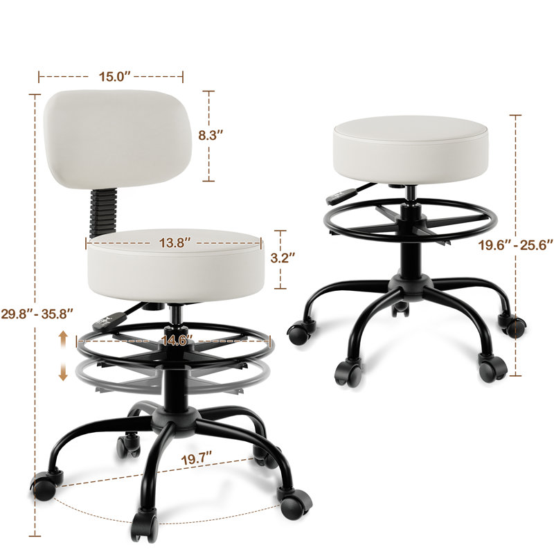 Adjustable Drafting Chair with Back Support Rolling Swivel Stool, White, 2