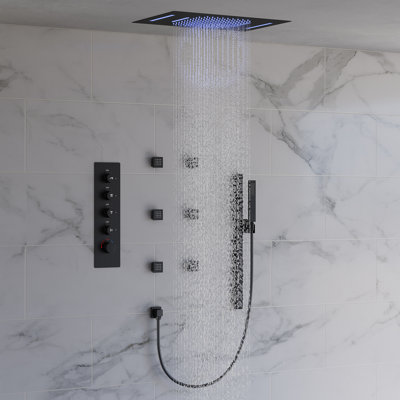 Ceiling Mount 23" LED Thermostatic Shower Faucet System with Rainfall Shower Head, Body Jets & Hand Shower