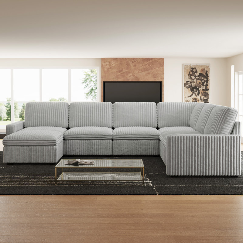 U-Shaped Stoarge Sofa Convertible Oversized Livingroom Couch, Gray Corduroy