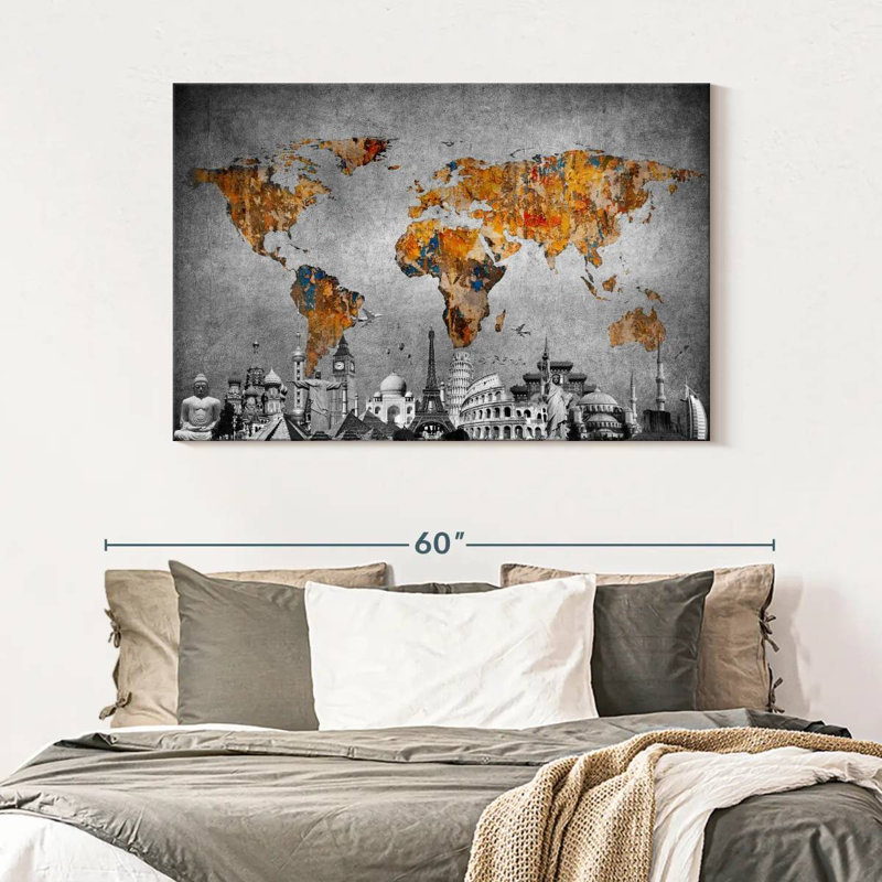 Impression sur toile, "Carte du monde colorée", H 32 po x l 48 po x P 1,25 po