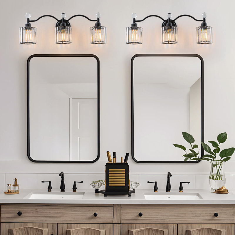 3-light Crystal Glass Vanity Light, Matte Black