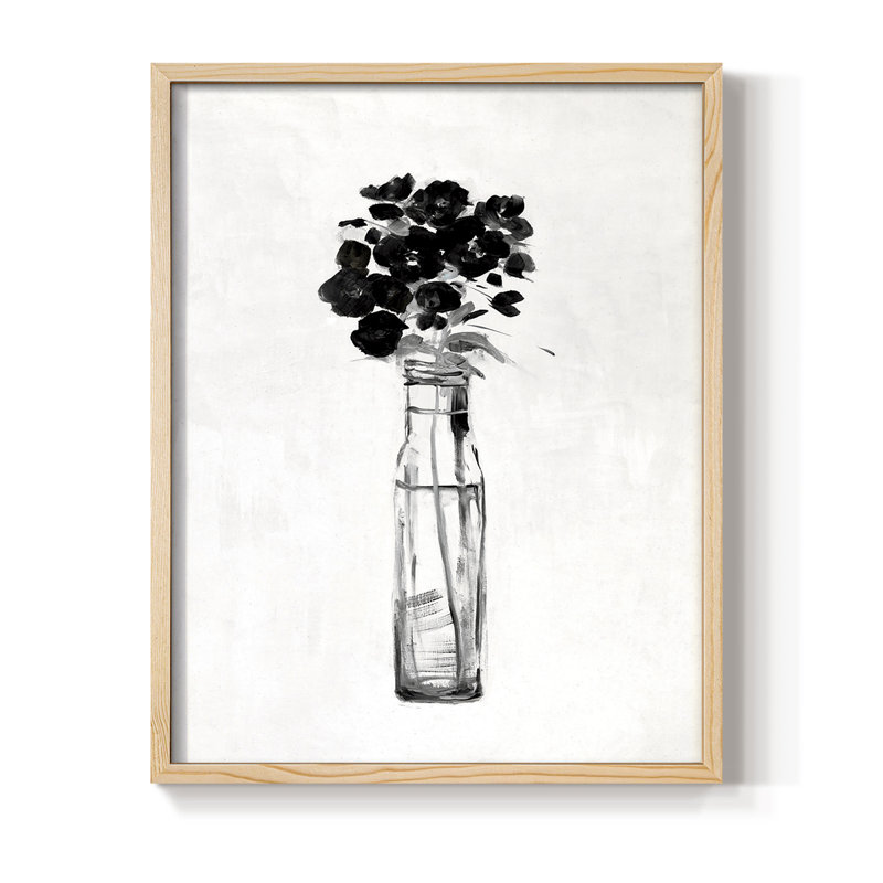 Impression florale noire et blanche sophistiquée I - bois massif