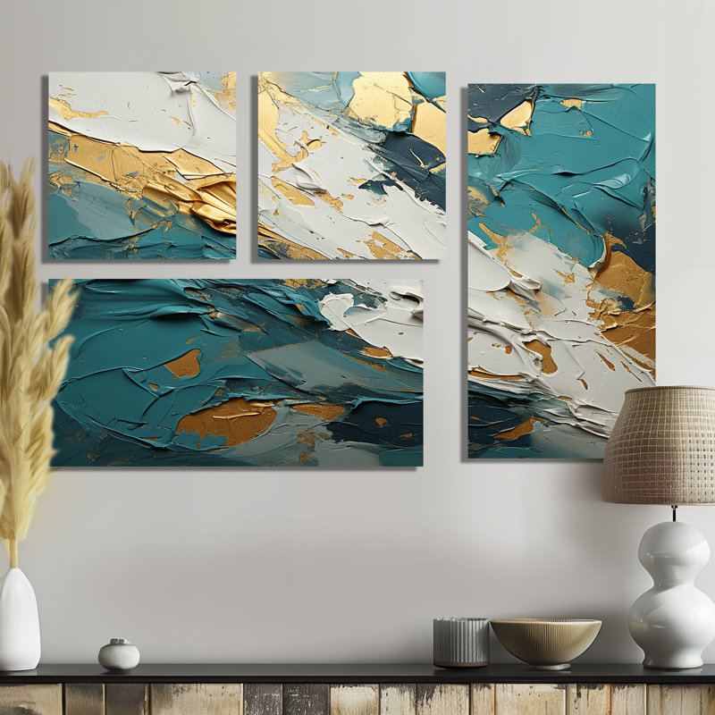 Serenity Sunset in Teal and White I - Large Abstract Shape Canvas Art mural 4 pièces, Toile tendue, Ne s’applique pas