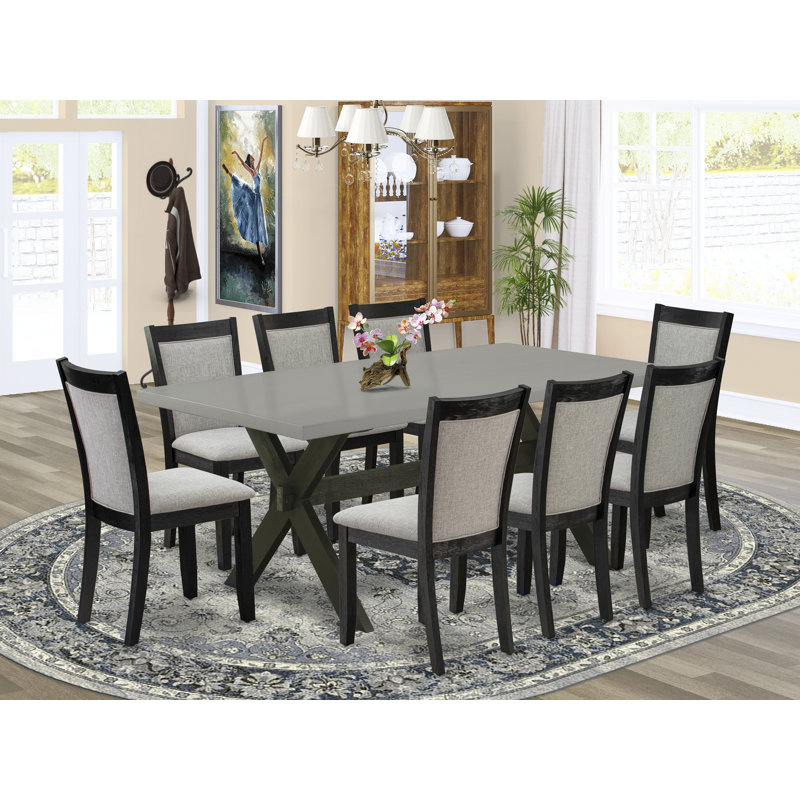9 Piece Kitchen Table & Chairs Set Includes a Rectangle Dining Room Table with X-Legs and 8 Shitake Linen Fabric Parsons Chairs, Wire brushed Black