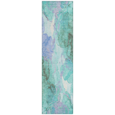Machine Washable Indoor/Outdoor Xhevrie Teal Rug