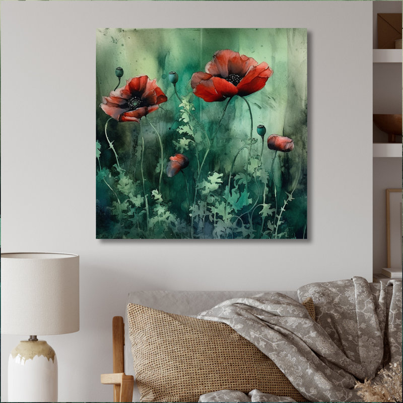 Emerald Vibrant Poppies II, Toile tendue, H 36 po x l 36 po x P 1,5 po