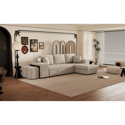 Canapé modulaire réversible en L de 104,5 po à 3 places, canapé-lit escamotable avec méridienne de rangement et 2 tabourets pour ensemble de salon, crème