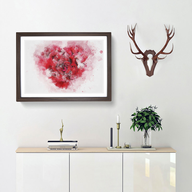 Red Rose Heart in Abstract - Picture Frame Painting Print, 27cm H x 36cm W x 2cm D, Walnut Framed