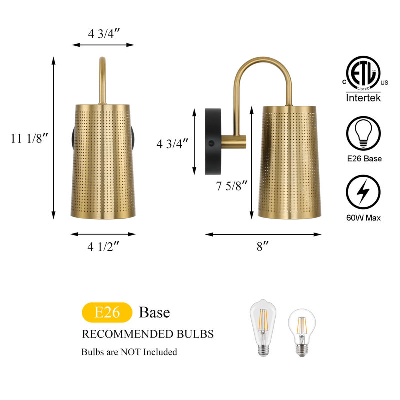 Modern Matte Black & Brushed Brass Wall Lamp with Cone Iron Shade for Bedroom Bathroom Hallway