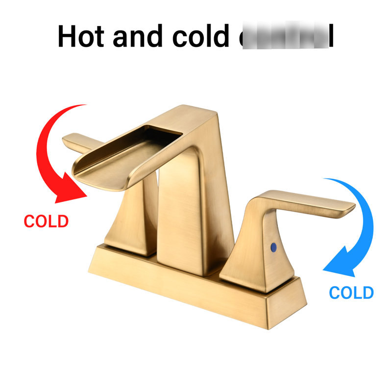 Two Handle Brushed Golden Bathroom Sink Faucet With 4 Inch Waterfall - Solid Brass Build For Durability And Stability Adjustable Water Temperature Double Handles Ceramic Cartridge Fits 2/3 4-Inch