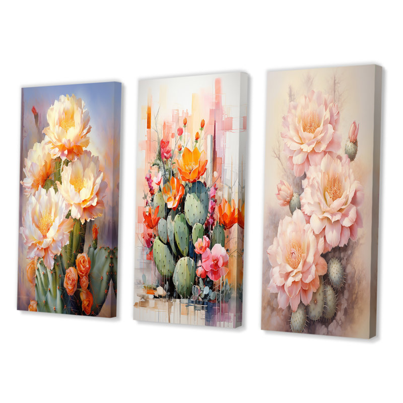 «Pink Green Cactus Romantic Impression», 3 pièces sur toile, H 28 po x l 36 po, Toile tendue