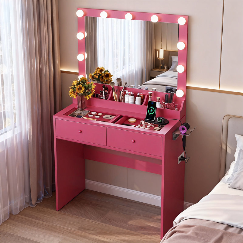 Vanity Desk with 3-Color Lights - Glass Top, 2 Drawers & Power Strip, Dark Pink