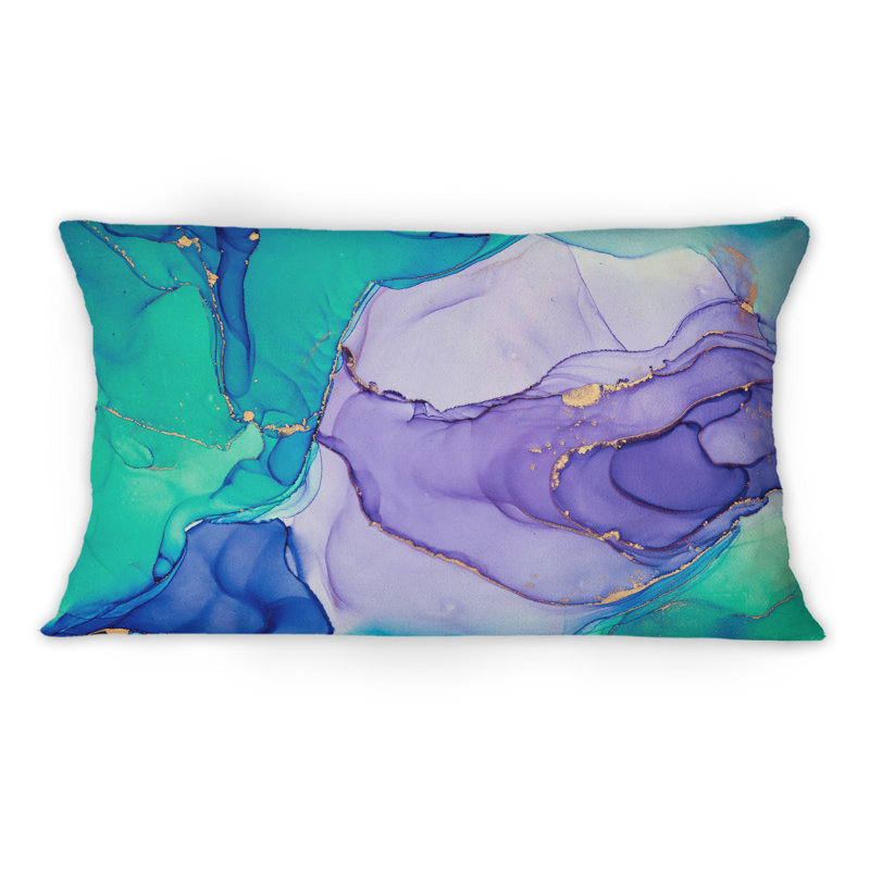 Turquoise et mauve, luxe, art abstrait fluide IV - coussin décoratif moderne imprimé 12 po x 20 po