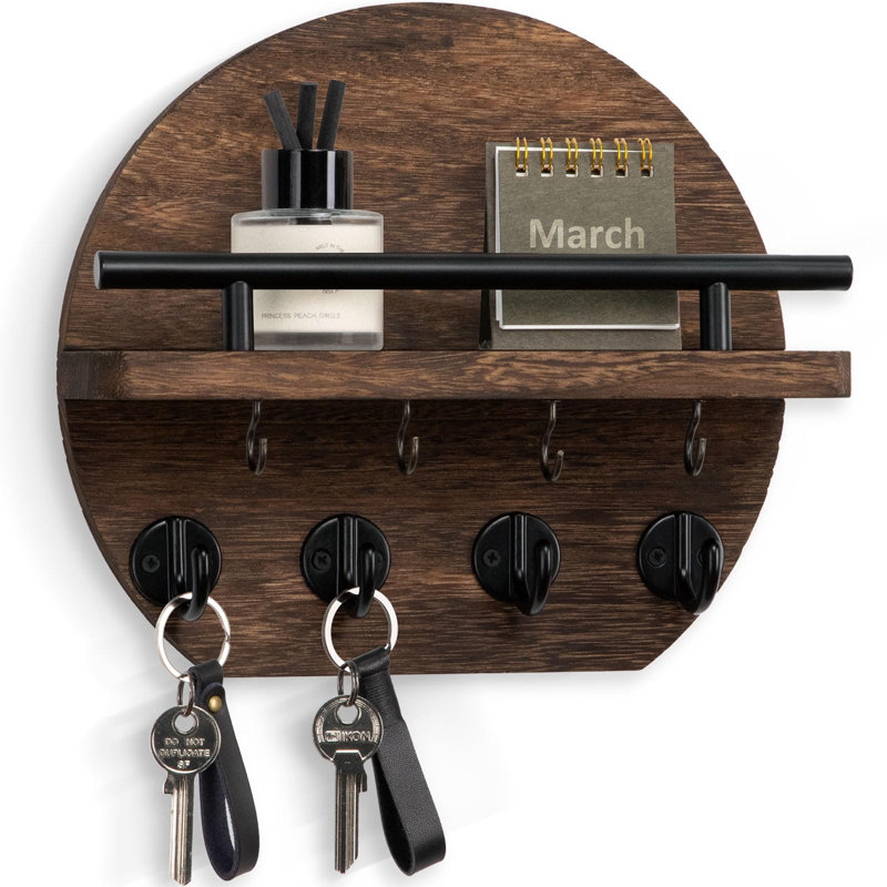 Manufactured Wood Wall Organizer with Key Hooks, Brown