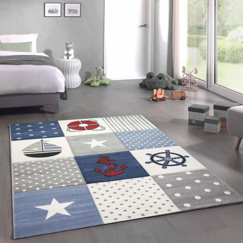 Eastvale Machine Woven Grey/Blue/Red Rug, Round 160cm