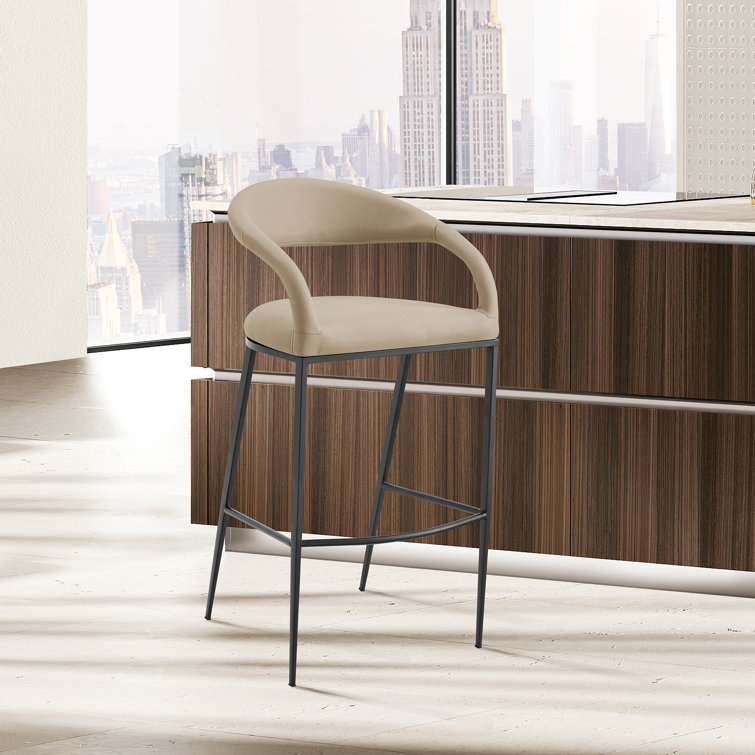 Ramona Modern Counter or Bar Height Barstool with Arms and Open Low Back in Iron Frame and Faux Leather
