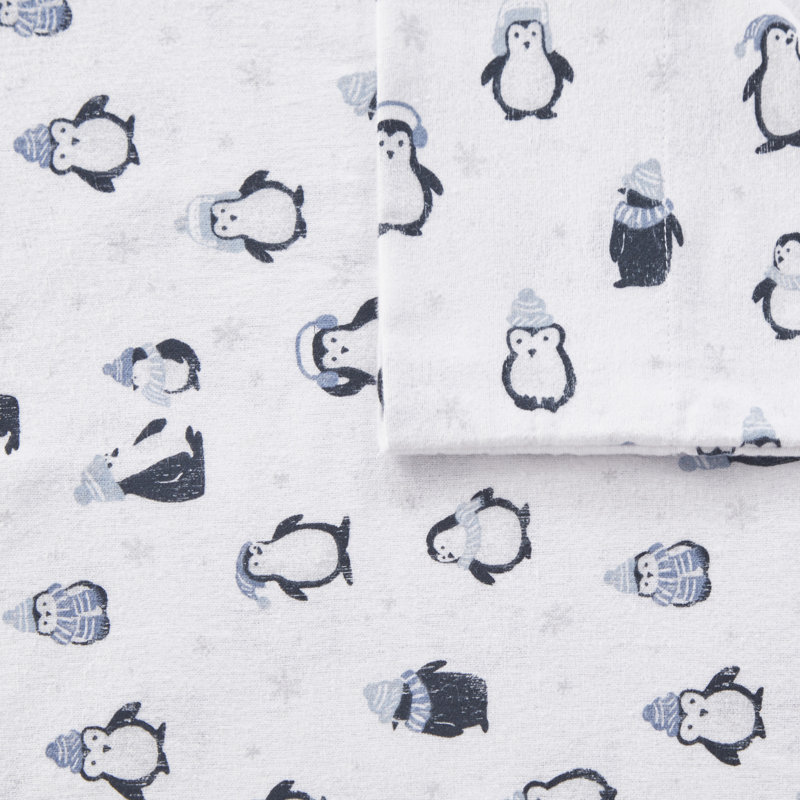 Full Gray Cotton Flannel Penguin Print Sheet Set