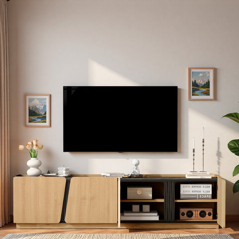 Meuble télé moderne avec coins arrondis, plateau en marbre et tablettes réglables, Oak