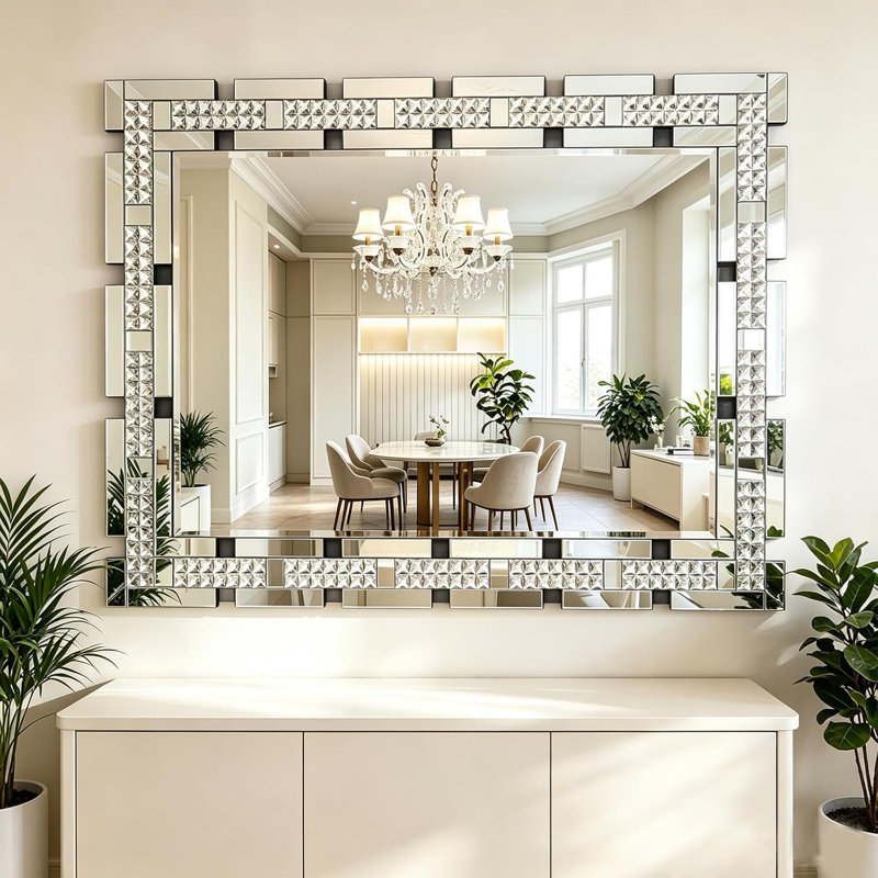 Miroir mural 36 po x 24 po avec cadre incrusté de cristal véritable, miroir de meuble-lavabo sans plomb HD pour le salon de la salle de bain, suspension facile à l'horizontale / verticale, conception géométrique luxueuse