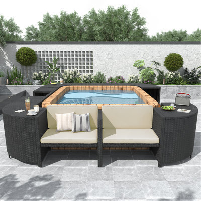 Ensemble de canapés modulaires en rotin pour l'extérieur avec cadre mini spa, sièges en bois et espaces de rangement, beige