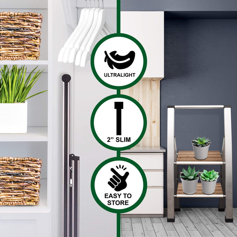 Échelle moderne en bambou 2 marches Sorfey Premium. Léger, profil ultra-mince, marches antidérapantes, robuste et portable pour la maison, le bureau, la cuisine, la photographie, finition en aluminium argenté