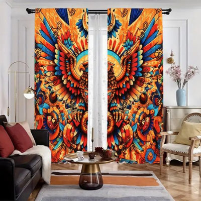 2Pcs Tribal Phoenix Pattern  Light Filtering Curtains, Bright Colorful Bohemian Style Window Drapes For Living Bedroom Kitchen Rod Pocket Decoration