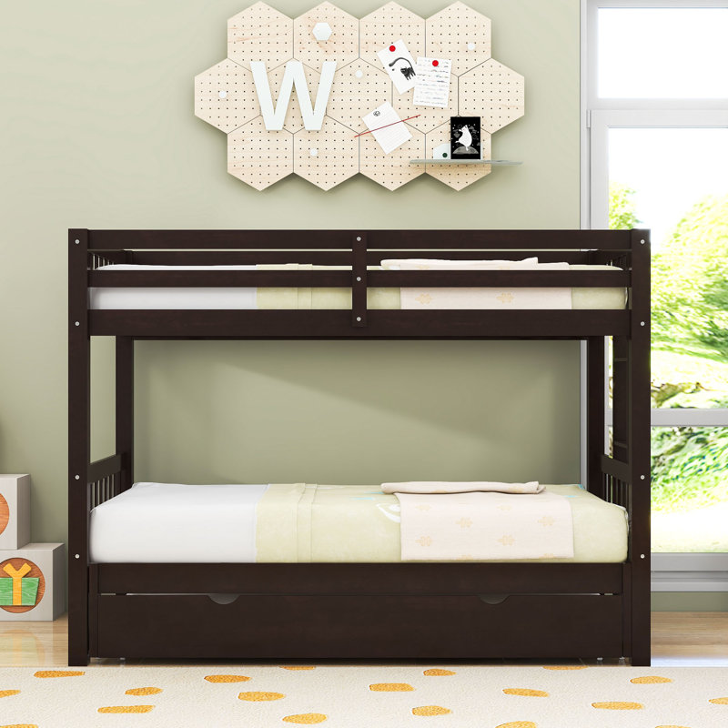 Lit superposé simple au-dessus d'un lit simple en bois avec lit gigogne convertible, Espresso