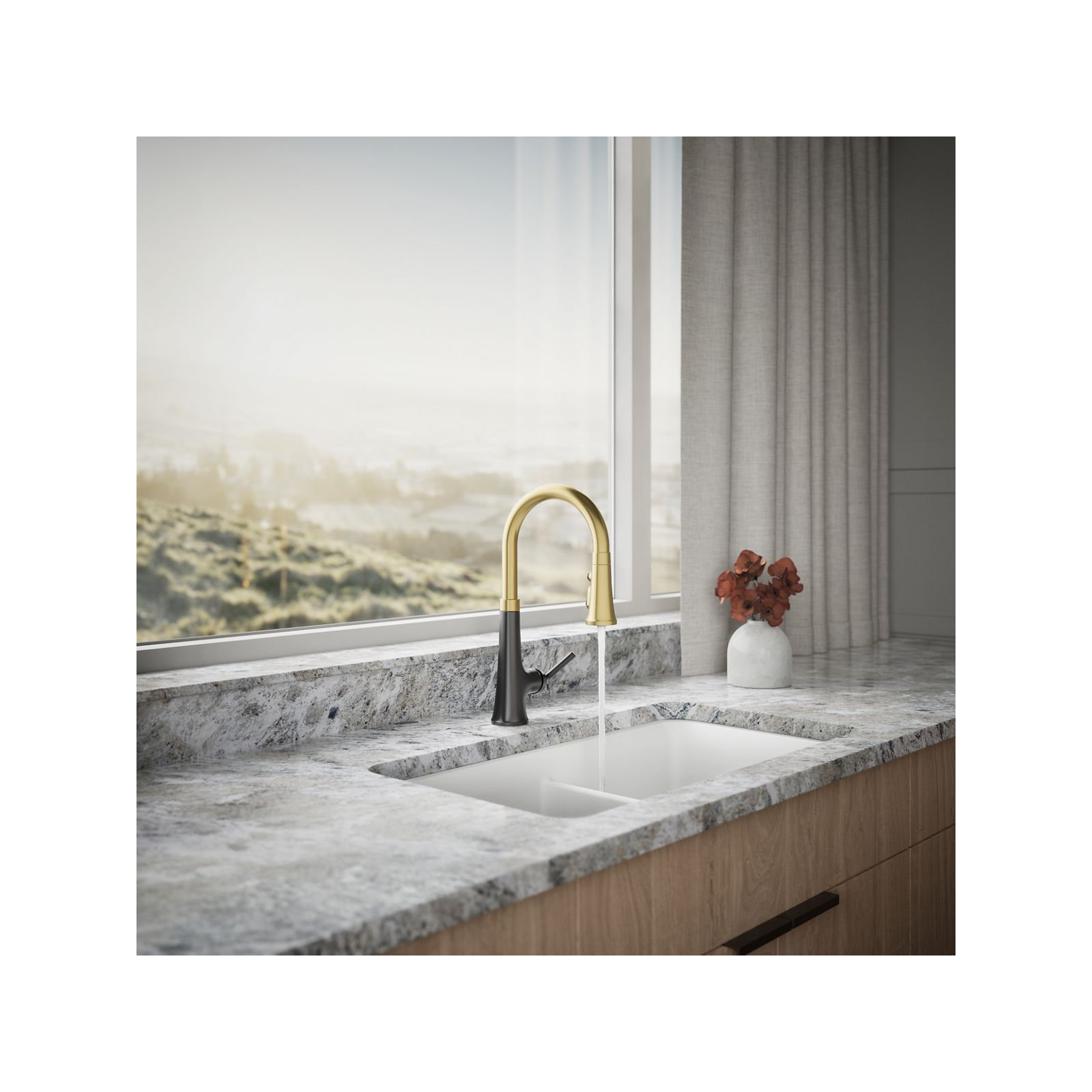 Tone Single Handle Pull Down Kitchen Sink Faucet with Three-Function Pull Down Sprayer, Matte Black/Moderne Brass