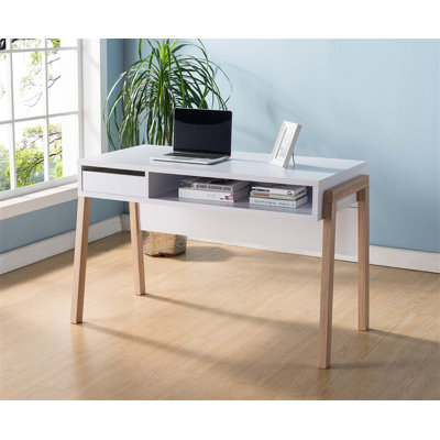 Spacious Office Desk with Hidden Storage, Drawer, and USB/Power Outlet in White and Weathered White Finish by George Oliver