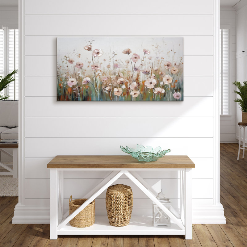 20 x 40, art mural sur toile floral avec fleurs sauvages roses et rosées avec des tons de vert, de blanc et de beige et des accents peints à la main - enveloppe de galerie - art mural moderne