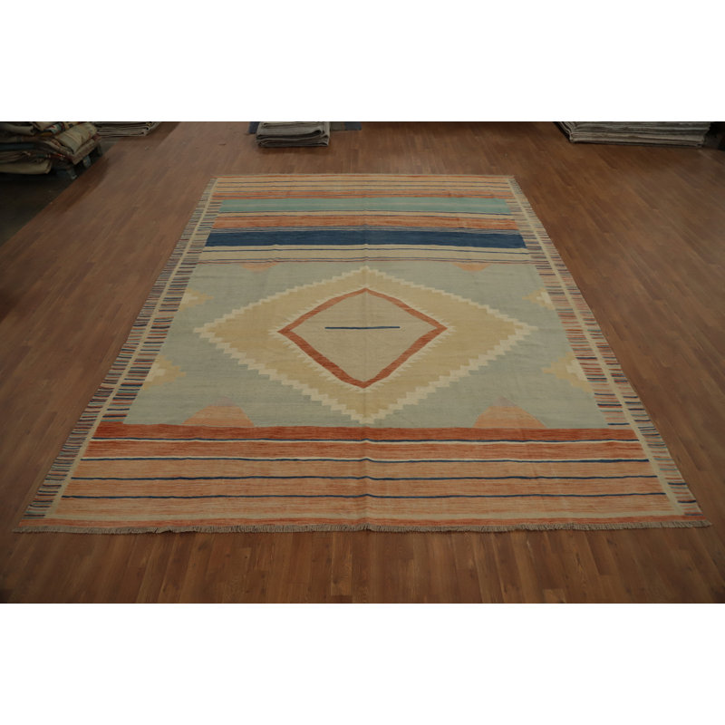 Tapis géométrique en laine tissé à plat Kilim 10 x 13