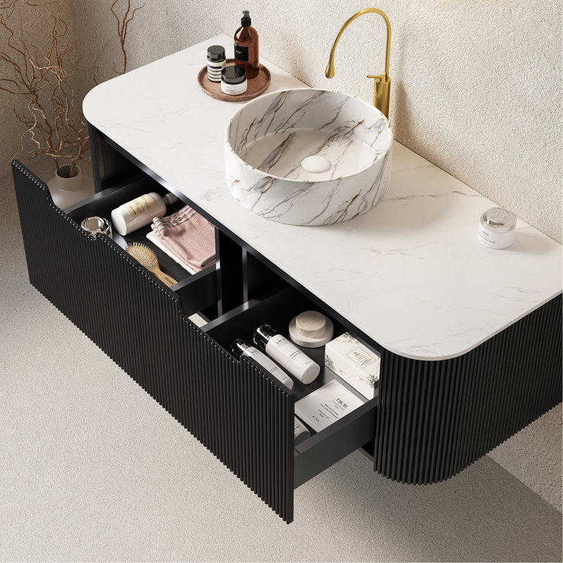 Meuble-lavabo 48 po avec lavabo et lavabo 48 po, lavabo à bords arrondis à rayures avec 2 tiroirs, lavabo rond en céramique blanc mat et plateau en pierre frittée blanche, pré-assemblé noir