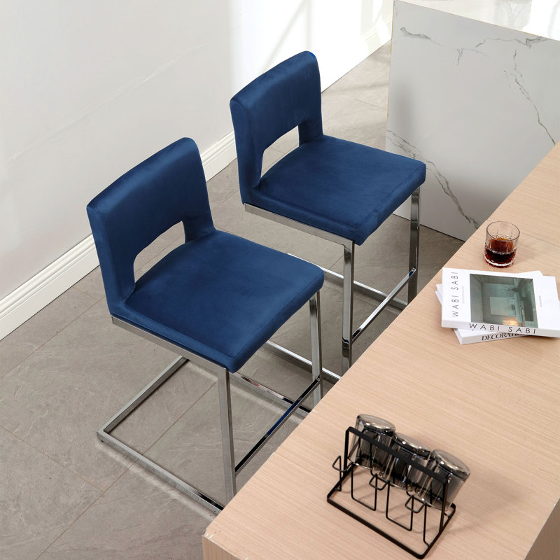 26” Velvet Upholstered Counter Height Bar Stool, Blue, 2