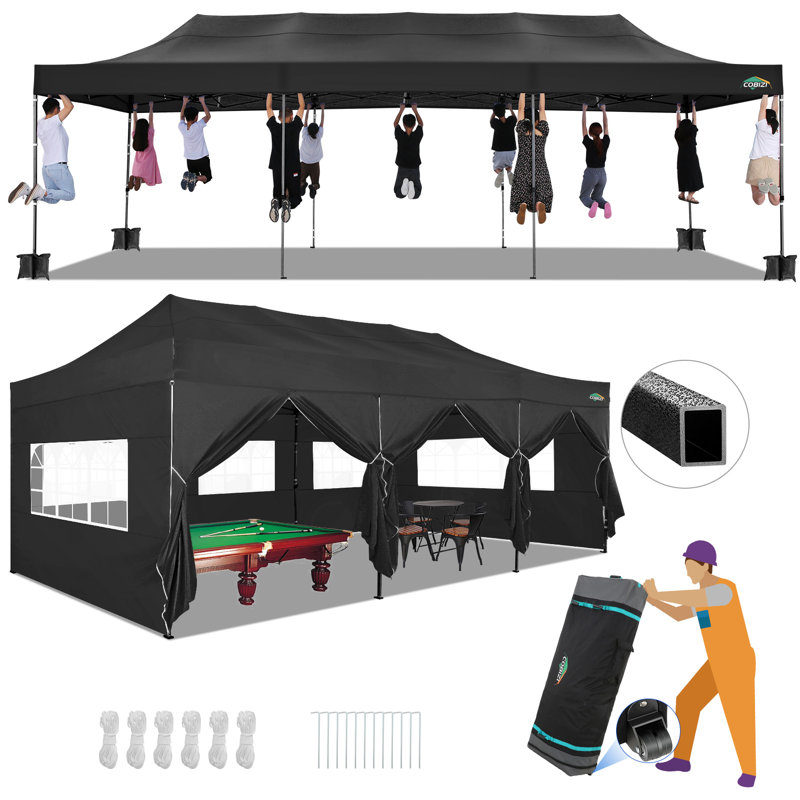 30 Ft x 10 Ft Real Heavy Duty Steel Pop-Up Canopy with 8 Sidewalls, Black