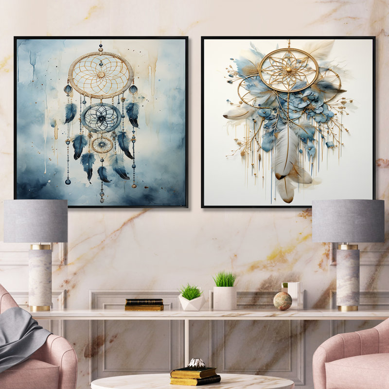 Capteur de rêves blanc et bleu Tranquility - Dream Catcher, Cadre flottant noir, H 30 po x l 61 po