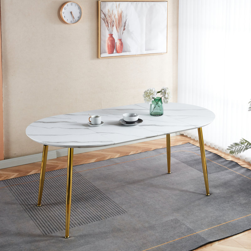 Table de salle à manger extensible Avanna, Marbre blanc, Doré