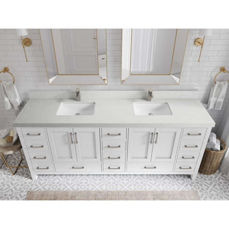 Malibu 84'' Double Bathroom Vanity with Quartz Top, Carrara Quartz