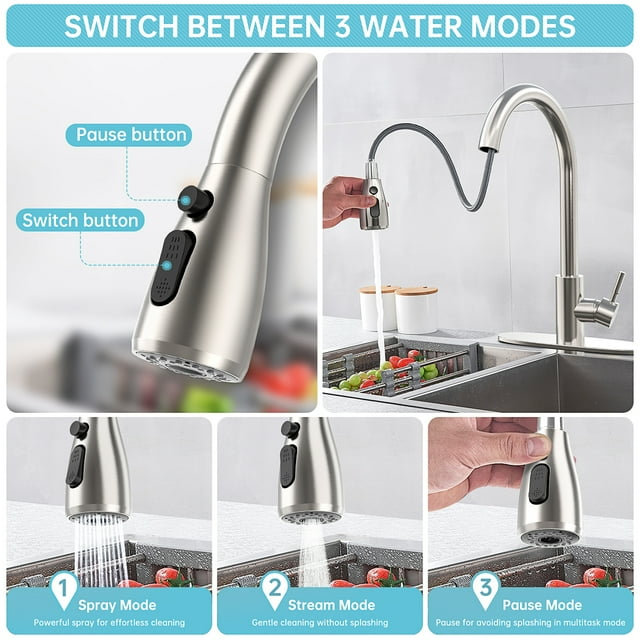 Brushed Nickel Stainless Steel Kitchen Faucet with Pull-Out Spray